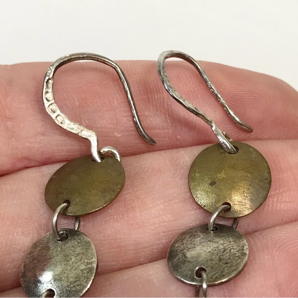 Signed Silpada Sterling Silver Brass Drop Disk Brutalist Turquoise Earrings 925 - Picture 8 of 14